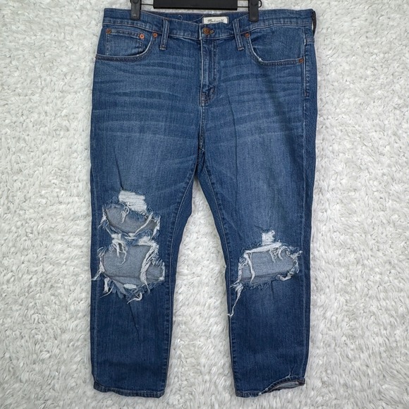 Madewell Denim - Madewell The Slim Boyjean Distressed Ripped Blue Denim Jeans Women Sz 32 Stretch